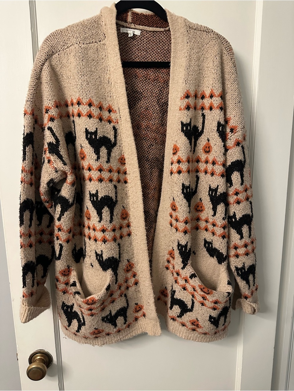Maurices Beige Open-Front Cardigan with Black Cat & Orange Pumpkin Motif